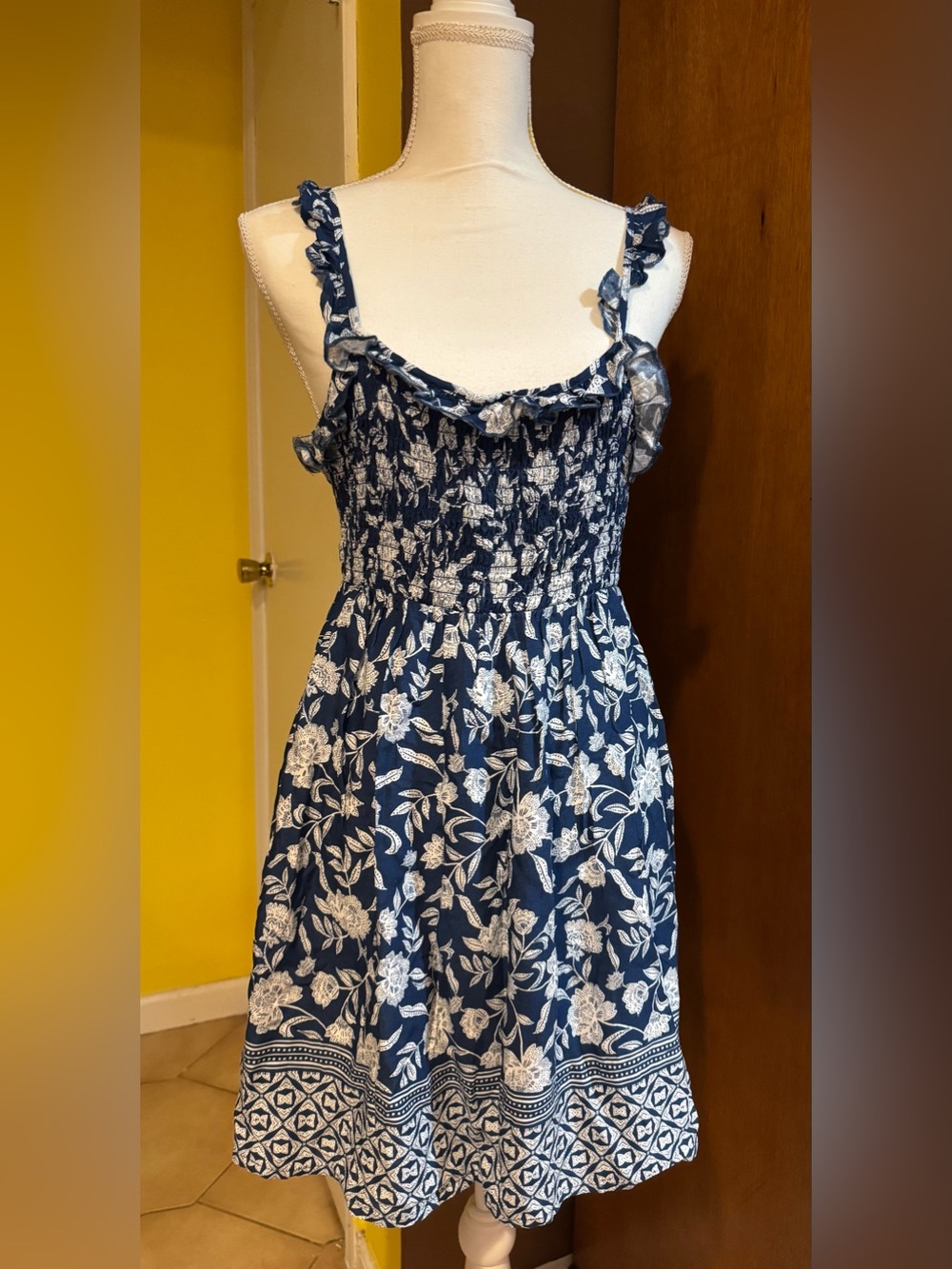 Navy Floral Smocked Mini Dress with Ruffle Straps